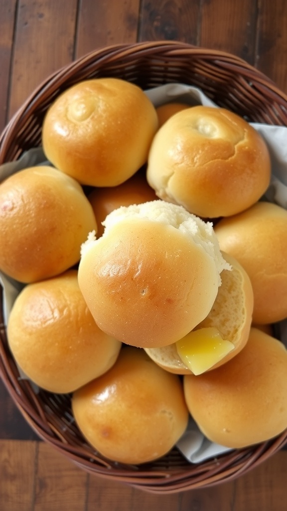 A basket of soft, golden-brown yeast rolls with a rustic wooden table background.